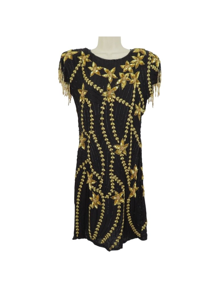 Vtg Tj Wear Women Small Silk Black Gold Star Beaded Sequin Fringe Shoulder Dress